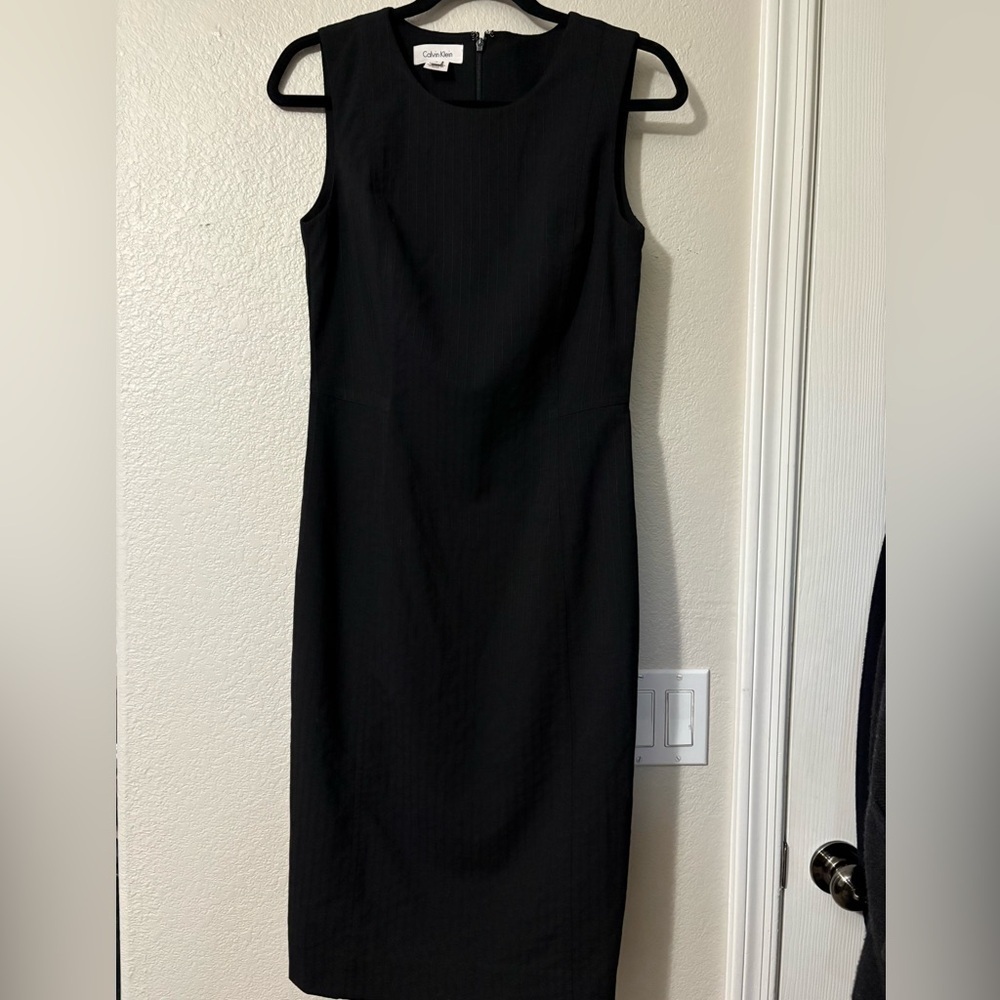 Calvin‎ Klein Black Pin Stripe Sleeveless Mock Neck Lightweight Wool Midi Dress